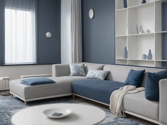 Blue white grey living room