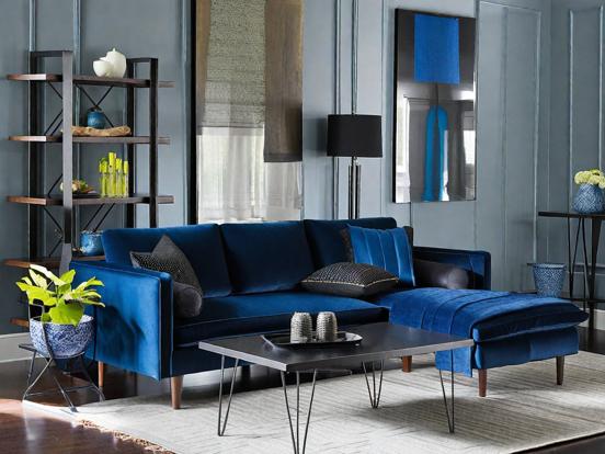 Blue couch ottoman living room