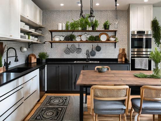 Cute black white small kitchen