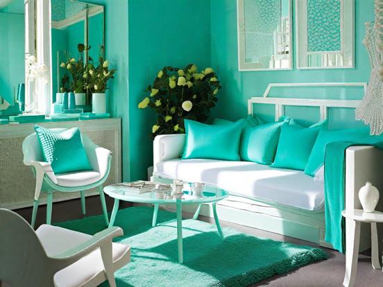 Bright teal living room decor