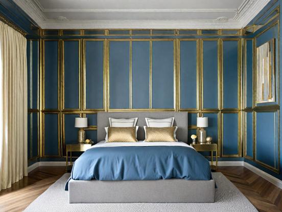 Blue gold bedroom brass trim