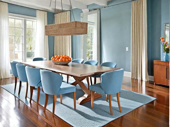 Blue chair wood table lit room