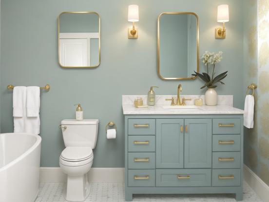 Blue gold bathroom vanity setup