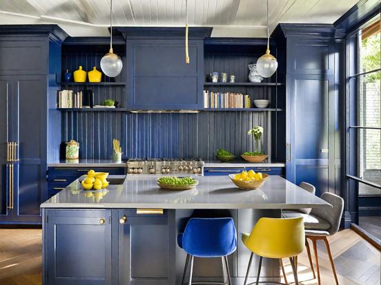 Blue yellow kitchen closeup