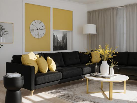 Yellow black themed living room