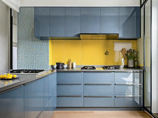 Blue yellow kitchen closeup