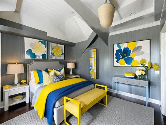 grey yellow and blue guest room