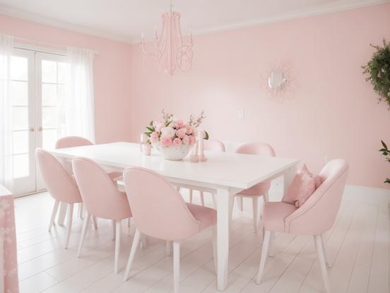 White table pink chairs vase