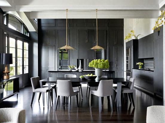 Dark dining table chairs vase