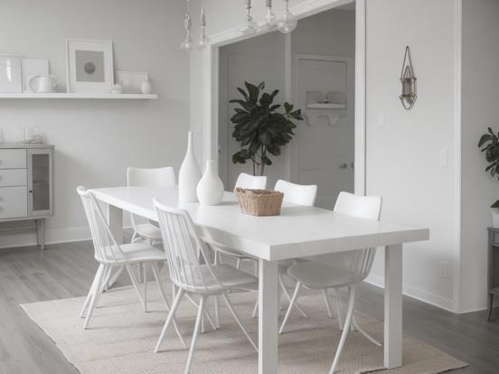 White table chairs basket minimalist