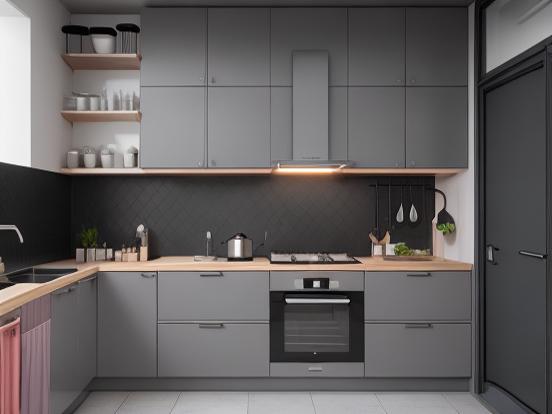 black grey and pink kitchen