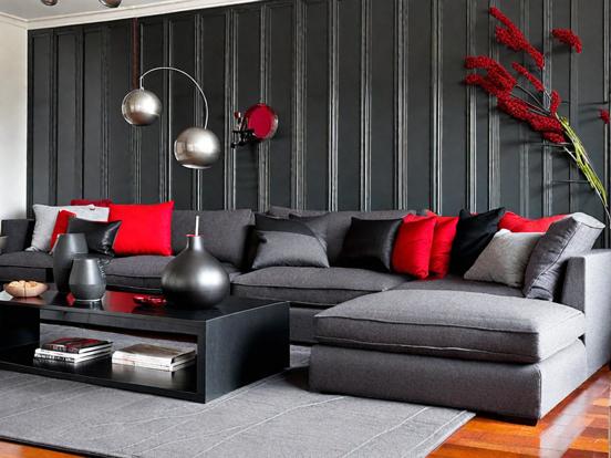 Red black grey living room