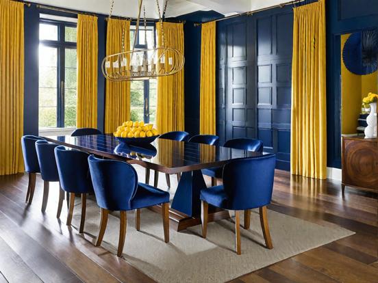 Blue gold dining room setup