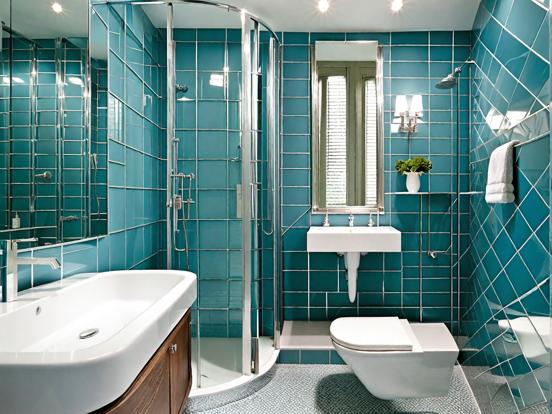 Modern blue tiled bathroom design