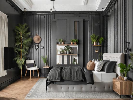 Dark cozy bedroom with fireplace