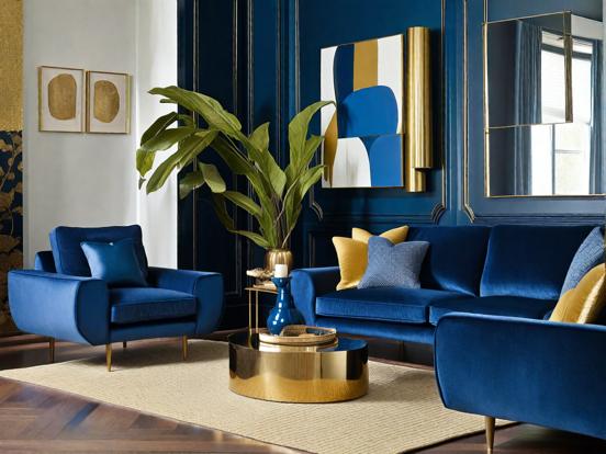 Blue couch chairs gold table