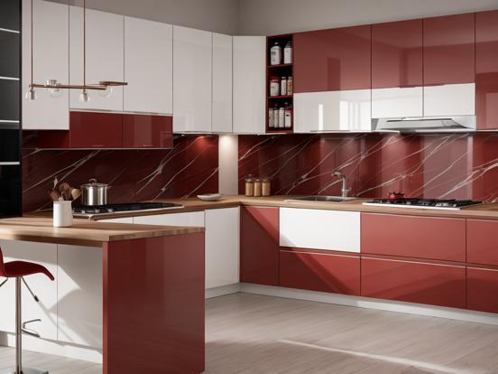 Luxury red grey kitchen closeup