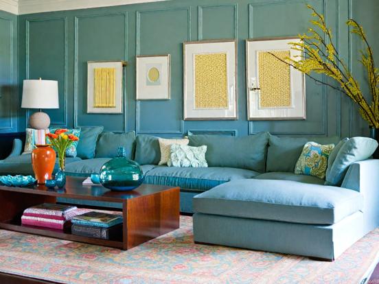 Teal living room blue couch