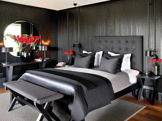 Dark bedroom with black decor