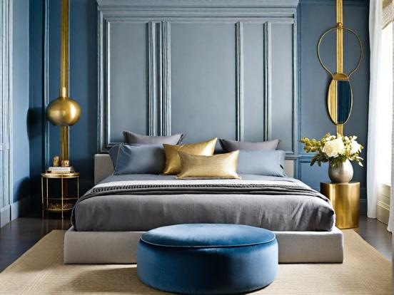 Blue bed headboard ottoman