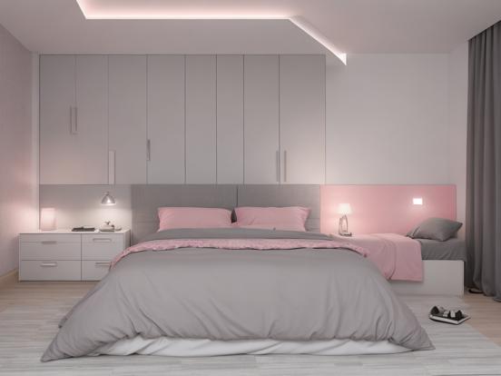 Cozy pink blue lit modern bedroom