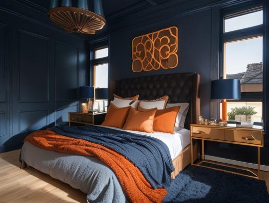 Bed with blue orange blanket