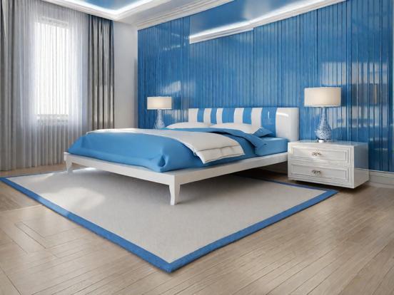 Blue bedroom with bed and stand