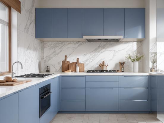 Blue kitchen marble top wood cabin