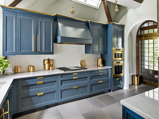 Blue kitchen marble top gold accents