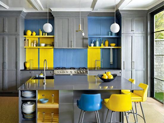 Blue yellow kitchen closeup