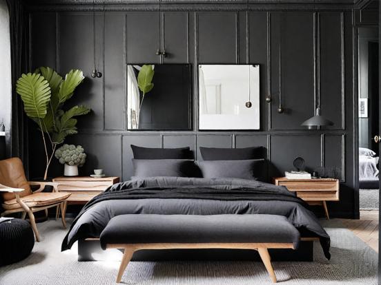 Dark bedroom with black decor