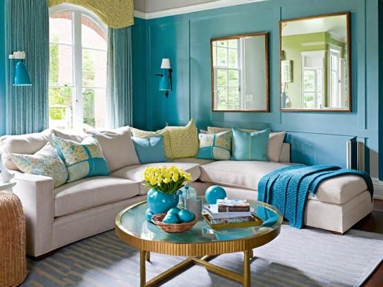 Teal living room with decor