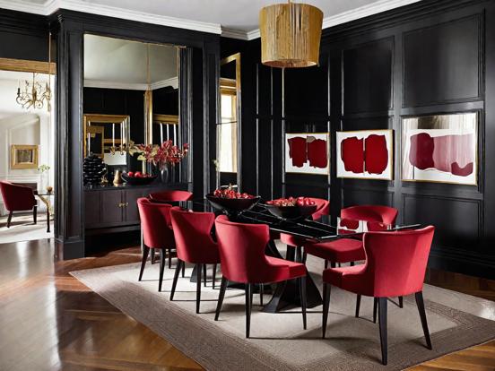 Dark red black dining room setup