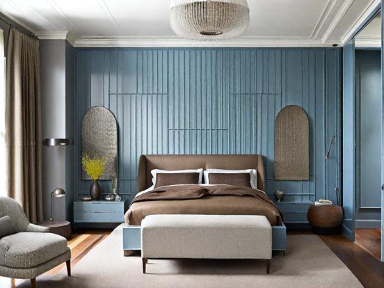 Serene blue grey art deco bedroom