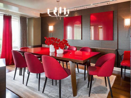 Red dining table with chairs