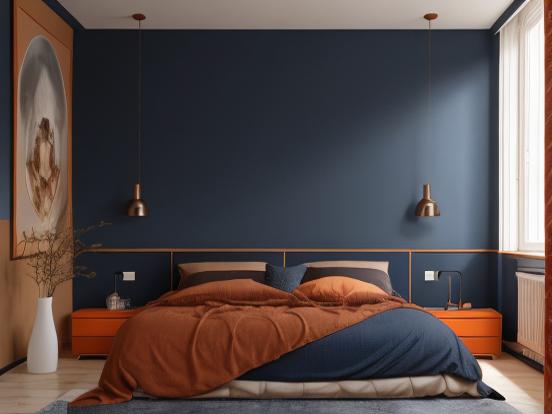 Blue bedroom orange bed decor