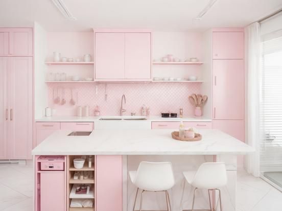 Pink kitchen white chairs