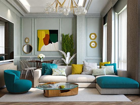 Bright teal living room decor