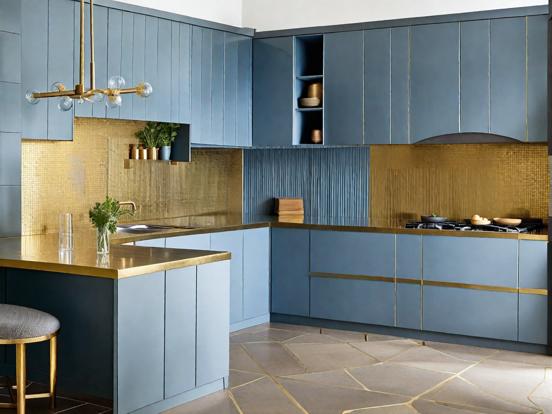 Luxury blue gold kitchen closeup