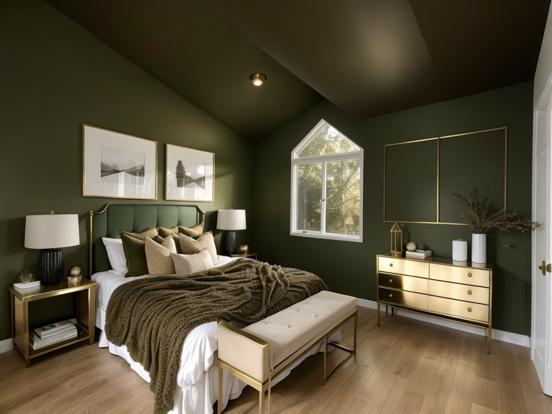 Dark green gold bedroom decor