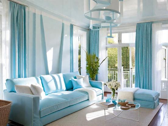 Bright blue white living room