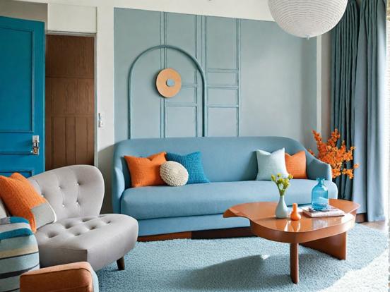 Blue couch orange pillows room