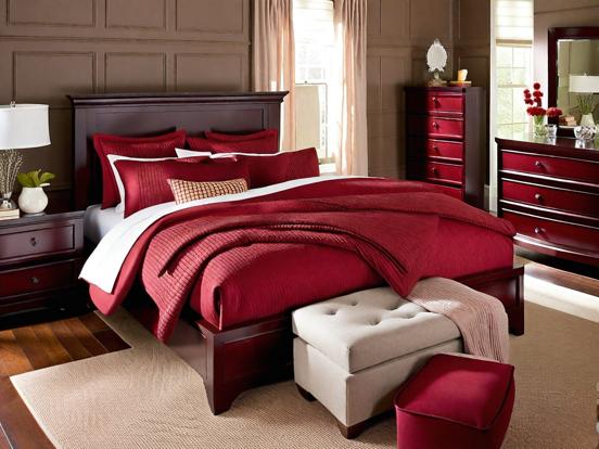 Red bedroom white ottoman