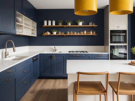 navy and mustard kitchen