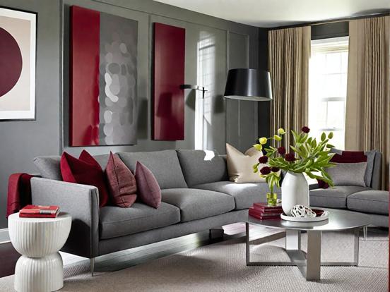 Gray couch red accents room