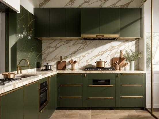 Green gold luxury kitchen closeup