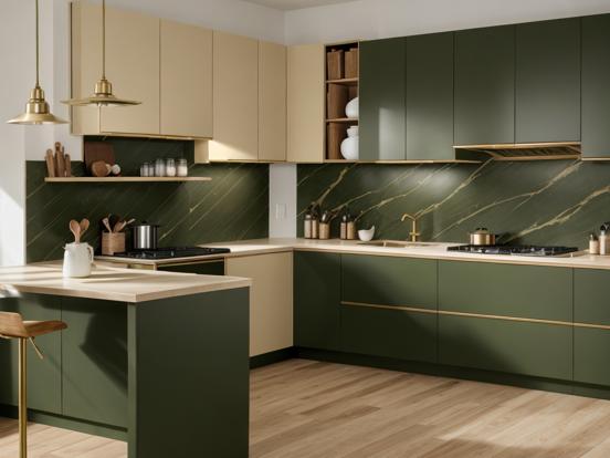 Luxury green gold kitchen closeup