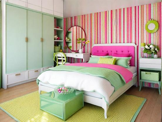 Closeup girly bed pink green