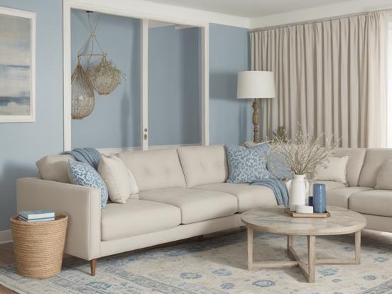 Blue sectional couch & table