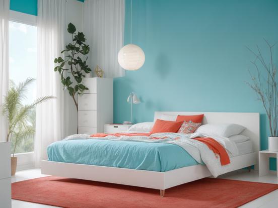 Bright teal room with bed